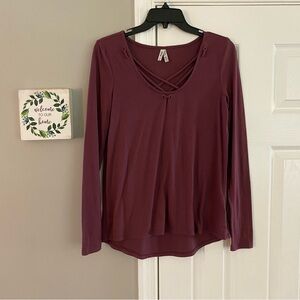 Mudd Long Sleeve Strappy Neckline Shirt Small Merlot Red Purple Solid Color